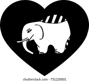 Elephant in black heart. Simple flat style