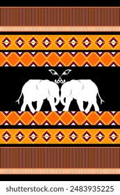 Elephant black, orange, and white classic damask pattern: vector illustration for elegant textile design, carpet, curtains, and clothing.