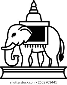 An elephant with a black and white blanket on its back