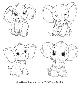 Elephant, Black and white coloring pages for kids, simple lines, cartoon style, happy, cute, funny, animal in the world