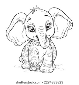 Elephant, Black and white coloring pages for kids, simple lines, cartoon style, happy, cute, funny, animal in the world