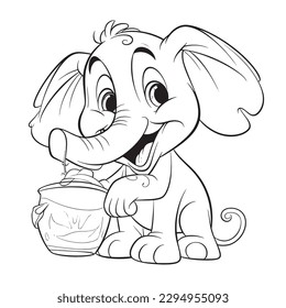 Elephant, Black and white coloring pages for kids, simple lines, cartoon style, happy, cute, funny, animal in the world