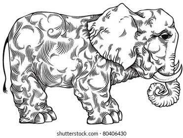 Elephant black and white drawing. Vector vintage animal illustration.