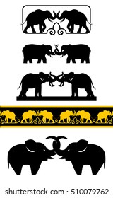 elephant black white yellow. Set of editable vector silhouettes of African elephants in various poses. Elephant silhouettes. pattern elephants with the United trunks.