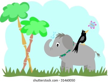 Elephant and Blackbird in a Jungle Vector