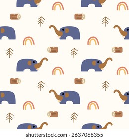 Elephant blue cartoon so cute. On tree log rainbow background. Pattern seamless vector illustration. 