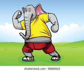 Elephant body builder exercising and wearing sportswear.