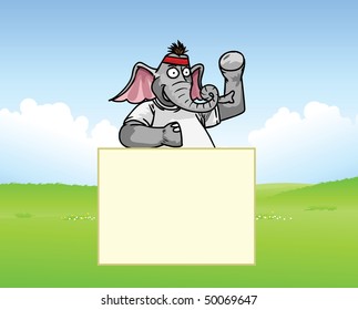 Elephant body builder exercising and wearing sportswear with a massage box