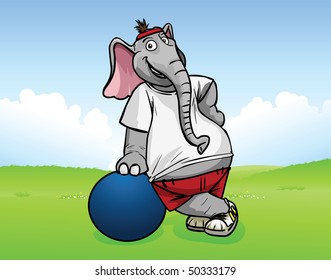 Elephant body builder exercising and wearing sportswear.