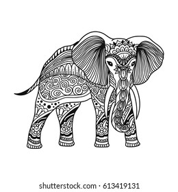 Elephant Boho Illustration in zentangle doodles style. stylized elephant tangled vector. hand drawn illustration for coloring book for adult