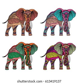 Elephant Boho Illustration in zentangle doodles style. stylized different colored elephant tangled vector.