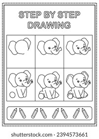 Elephant. Book page, drawing step by step. Black and white vector coloring page.