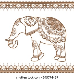 Elephant with border brown elements in ethnic mehndi style. Vector brown and white illustration isolated on white background