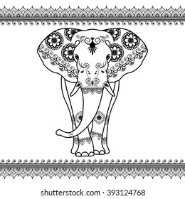 Elephant with border elements in ethnic mehndi style. Vector black and white frontal elephant's illustration isolated on white background