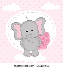 elefante con ramo de rosas en la nube - ilustración vectorial, eps