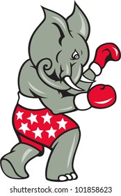 Elephant Boxer Boxing Stance Cartoon illustration of an elephant boxer with boxing gloves and stars shorts as republican mascot.