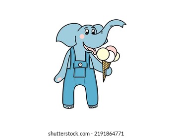 Elephant boy in denim overalls eats ice cream. Flat vector color illustration.