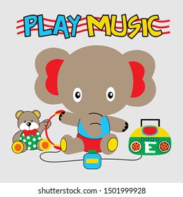 elephant boy is listening to music with friends, cartoon vector illustration
