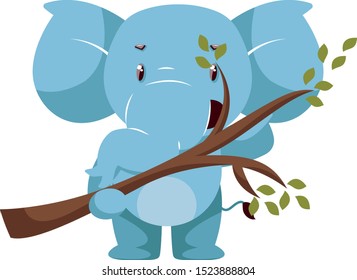 Elephant with branch, illustration, vector on white background.