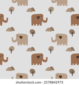 Elephant brown cartoon so cute. On mountain tree background. Pattern seamless vector illustration. 