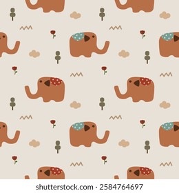 Elephant brown cartoon so cute. On tree flower cloud background. Pattern seamless vector illustration. 