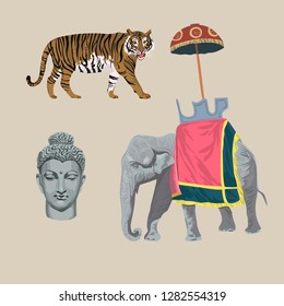 Elephant, Buddha head, tiger, Vector illustrations set.