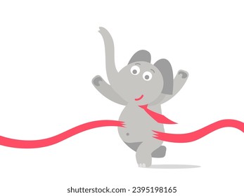 Empresario elefante con corbata roja gana la carrera y corre primero, rompiendo la cinta roja con el pecho. Ilustración de carácter vector plano.	