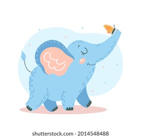 Elephant with butterfly. Cute exotic animal walk and play. Print for baby clothes. Use for Happy Birthday invitation card. Cartoon minimal flat vector illustration isolated on a white background