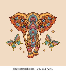 Elephant butterfly retro. Vector illustration. Flower Ethnic drawing. Elephante animal nature in Zen boho style. Hippie, eastern style