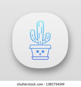 Elephant cactus app icon. Pachycereus with hushed face. Home cacti in pot. Mexican giant cardon. Amazed plant. UI/UX user interface. Web or mobile applications. Vector isolated illustrations svg