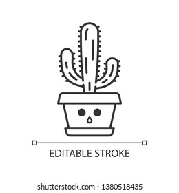 Elephant cactus cute kawaii linear character. Pachycereus with hushed face. Home cacti in pot. Mexican giant cardon. Amazed plant. Thin line icon. Vector isolated outline illustration. Editable stroke svg
