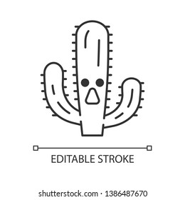 Elephant cactus cute kawaii linear character. Pachycereus with astonished face. Wild cacti. Mexican giant cardon. Amazed plant. Thin line icon. Vector isolated outline illustration. Editable stroke svg