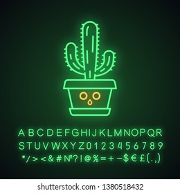 Elephant cactus cute kawaii neon light character. Pachycereus with hushed face in pot. Mexican giant cardon. Funny emoji, emoticon. Glowing icon with alphabet, symbols. Vector isolated illustration svg