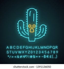 Elephant cactus cute kawaii neon light character. Pachycereus with astonished face. Wild cacti. Funny emoji, emoticon. Glowing icon with alphabet, numbers, symbols. Vector isolated illustration