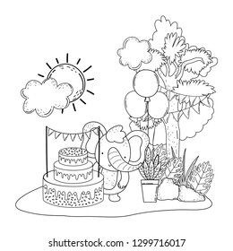 elephant with cake and balloons helium in the field
