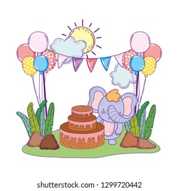 elephant with cake and balloons helium in the field