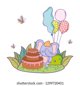 elephant with cake and balloons helium in the field