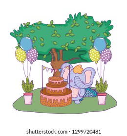 elephant with cake and balloons helium in the field