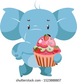 Elefante com bolo, ilustração, vetor sobre fundo branco.