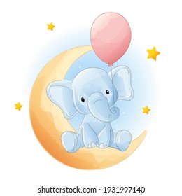 elephant calf with balloon watercolor animals illustration Isolated on white background, for cover book, print, baby shower, nursery decorations, birthday invitations, poster, greeting card,