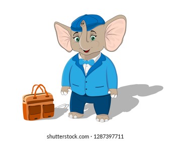 Elephant calf in a blue jacket and peaked cap with an orange briefcase on a white background,A great character for education-related ventures and not only.