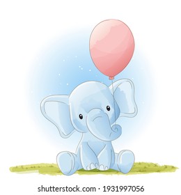 elephant calf fly with balloon watercolor animals illustration Isolated on white background, for cover book, print, baby shower, nursery decorations, birthday invitations, poster, greeting card,