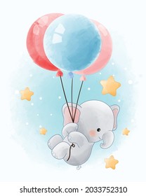 elephant calf flying with balloonswatercolor animals illustration Isolated on white background, for cover book, print, baby shower, nursery decorations, birthday invitations, poster, greeting card