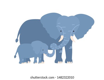 Elephant with calf isolated on white background. Family of wild African savannah herbivorous animals. Adorable parent with child, mom and baby or offspring. Flat cartoon colorful vector illustration.