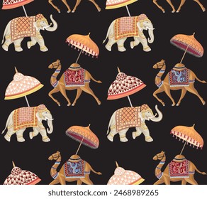 Elephant and camel with umbrella oriental seamless pattern. Indian wallpaper.