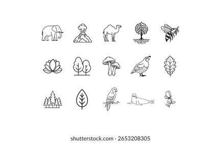 Elephant camel volcano tree bee lotus mushrooms quail oak leaf trees parrot seal butterfly vector