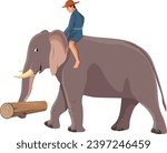 Elephant carrying man and wood log