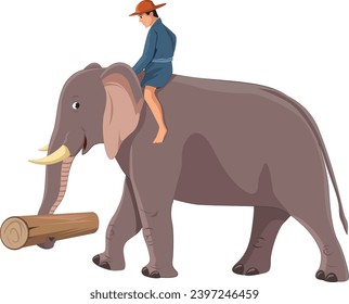 Elephant carrying man and wood log