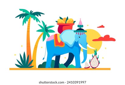 Elephant carrying tropical fruits - modern colored vector illustration with sacred animal with a mango basket. Dragon fruit, palm trees, summer in a hot asian country, holidays in Thailand idea