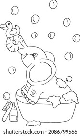 Elephant. Cartoon character. Taking a bath. Flat vector illustration.